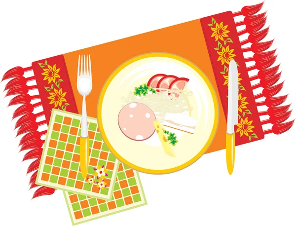 Dish with vegetables, spaghetti, bacon, sausage and cheese — Stock Vector