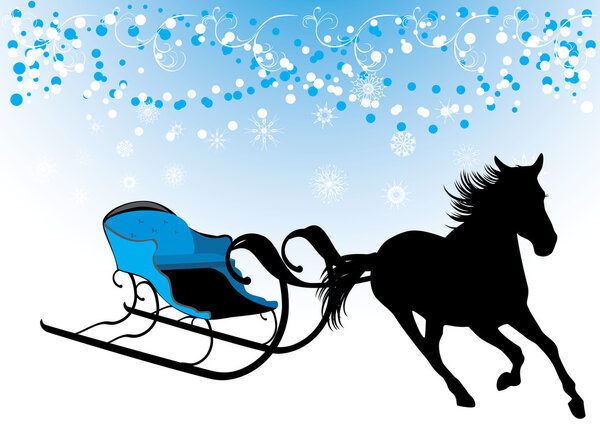 Horse with sledges. Composition for Christmas card