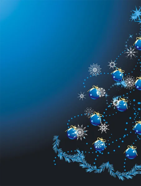 Palle blu con fiocchi dorati sull'albero di Natale. Sfondo vacanza — Vettoriale Stock