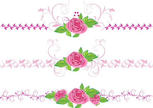 Rosas rosadas con adorno. Tres fronteras decorativas — Vector de stock
