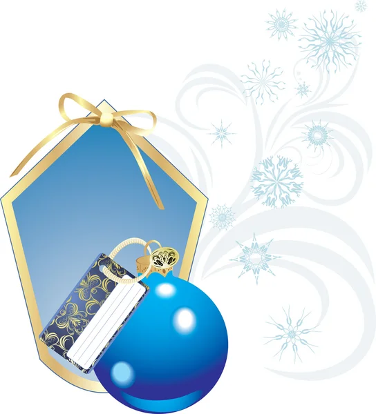 Bola de Natal azul com cartão e flocos de neve — Vetor de Stock