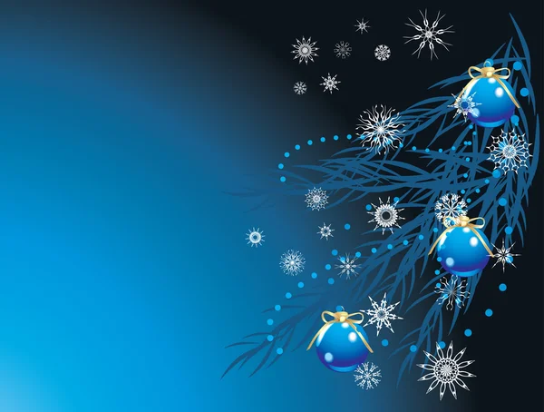 Blaue Kugeln mit Bögen und Schneeflocken am Weihnachtsbaum — Stockvektor