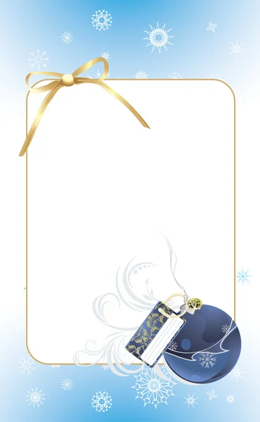 Blaue Kugel mit goldener Schleife im dekorativen Rahmen. Weihnachtskarte — Stockvektor