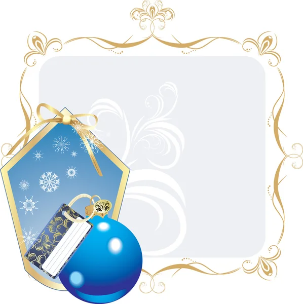Blå bollen och snöflingor i dekorativ ram — Stock vektor