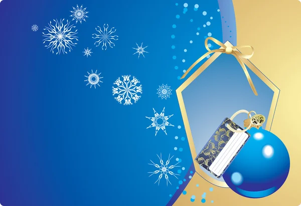Bola azul y copos de nieve en el marco decorativo con lazo. Tarjeta de Navidad — Vector de stock