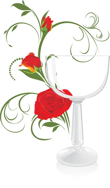 와인 글라스와 장미 꽃다발 — 스톡 벡터