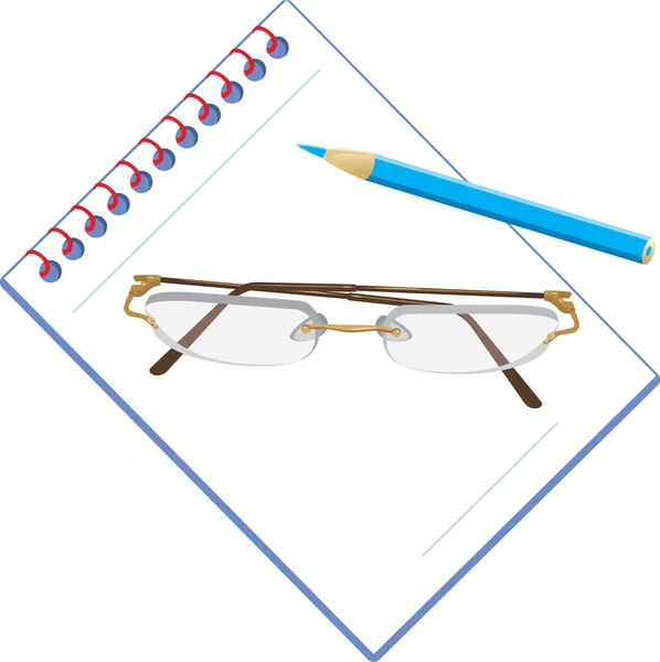 Glasögon och anteckningsblock med penna — Stock vektor
