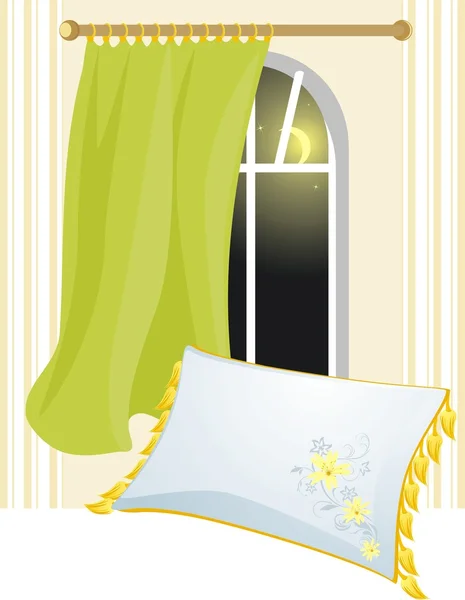 Almohada blanca y ventana con brise-bise — Vector de stock