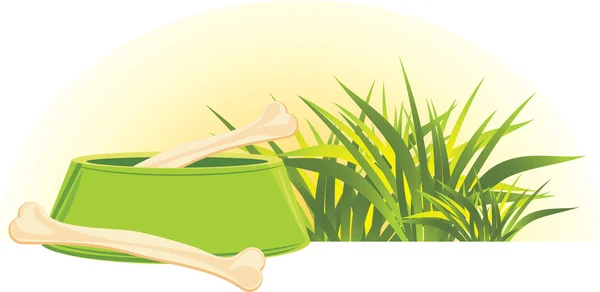 Huesos en un tazón de perrito verde y hierba — Vector de stock