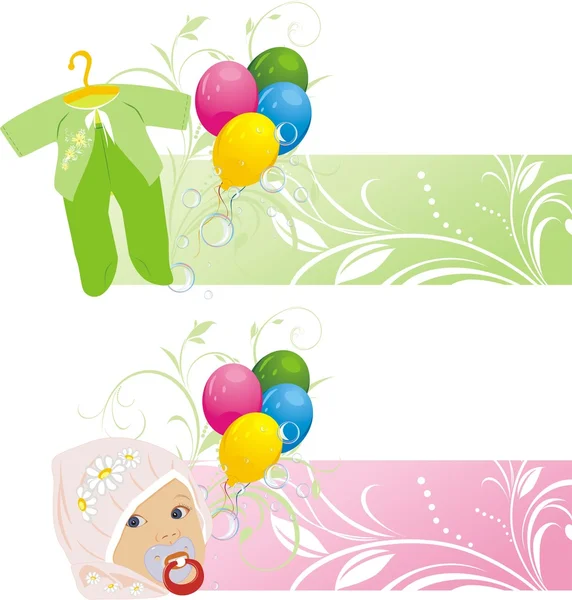 Colorful balloons and baby suits. Two banners — Stock Vector