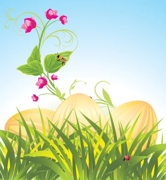 Paskalya yumurta çiçeklerle çim. Bahar kompozisyon — Stok Vektör