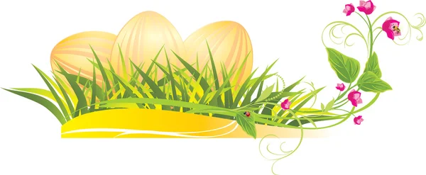 Huevos de Pascua en la hierba con flores de primavera — Vector de stock
