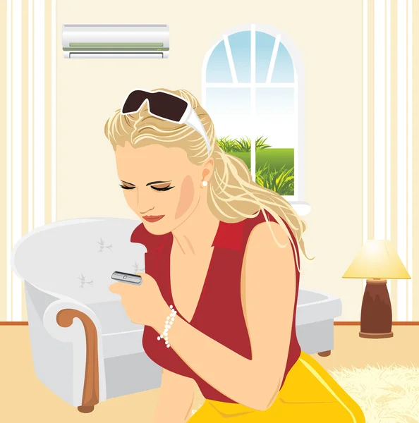 Young woman with a mobile telephone in the living room — Stock Vector