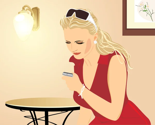 Mulher bonita com um telefone móvel em uma antecâmara —  Vetores de Stock