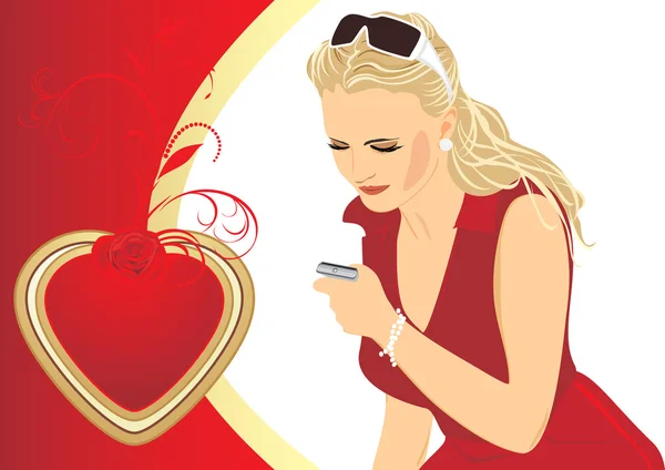 Belle femme avec un téléphone portable. Composition de la Saint Valentin — Image vectorielle