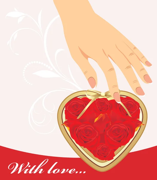 Mano y corazón femenino con rosas rojas — Vector de stock