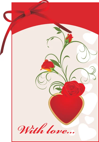 Κόκκινα τριαντάφυλλα και καρδιά. του Αγίου Βαλεντίνου κάρτα με φιόγκο — Διανυσματικό Αρχείο