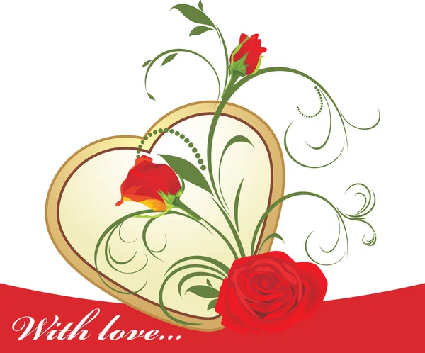 Röda rosor med blommig prydnad och gyllene hjärta — Stock vektor