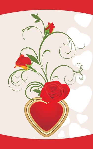 Röda rosor med blommig prydnad och hjärta. Valentines kort — Stock vektor