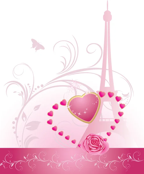 Розовая роза с сердцем и Эйфелевой башней. Праздничный баннер ко Дню Святого Валентина — стоковый вектор