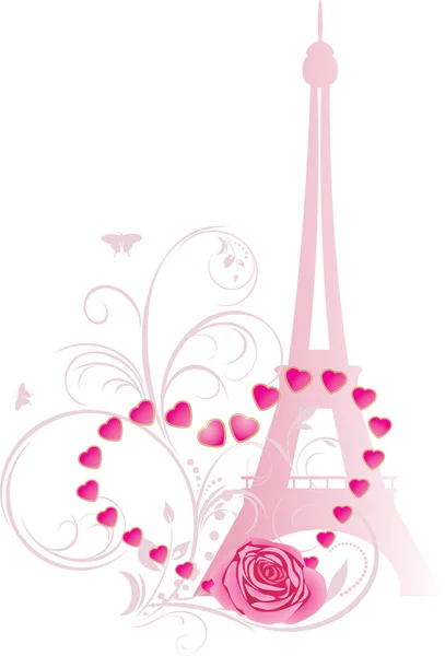 Rosa rosa con corazón y torre Eiffel. Composición festiva — Vector de stock