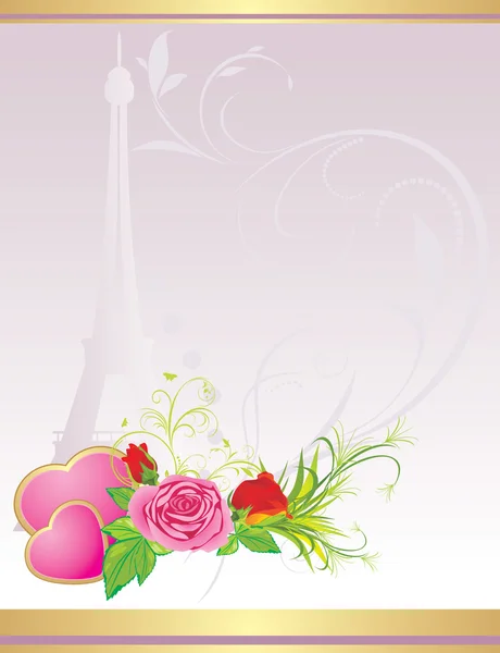 Roses with pink hearts and Eiffel tower on the decorative background — Stock Vector