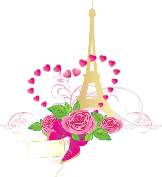 Bouquet of pink roses and Eiffel tower. Holiday composition for Valentines — Stock Vector