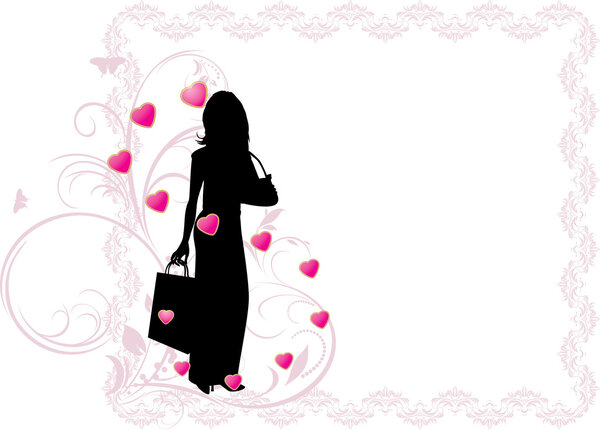 Silhouette elegant beautiful woman in the decorative frame with hearts