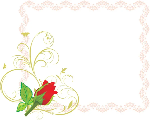 Rosa roja con adorno floral en el marco decorativo — Vector de stock