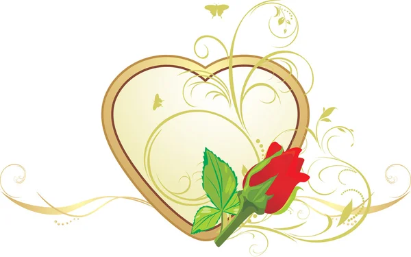 Rode roos met florale sieraad op het gouden hart — Stockvector