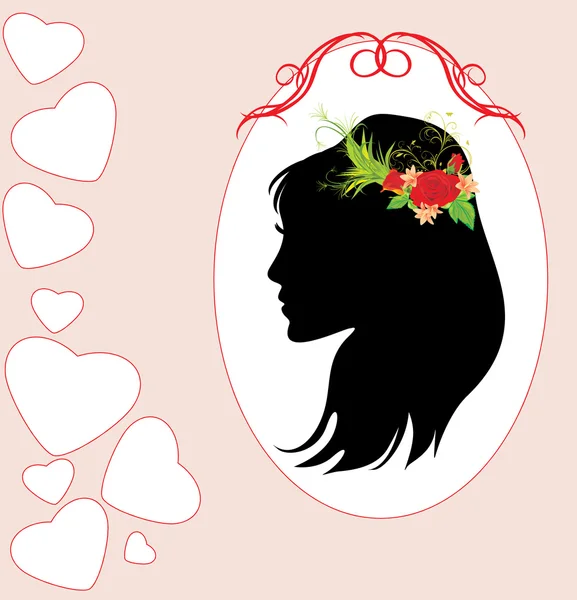 Portrait of beautiful woman with bouquet in hair. Valentines card — Stock Vector