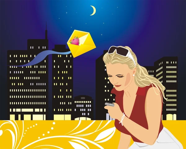Mujer con teléfono móvil en el fondo de la ciudad nocturna — Vector de stock