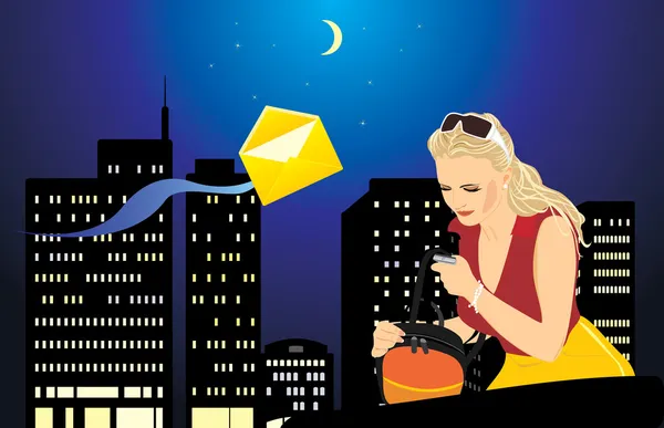 Vrouw met een mobiele telefoon en zak op de achtergrond van nacht stad — Stockvector