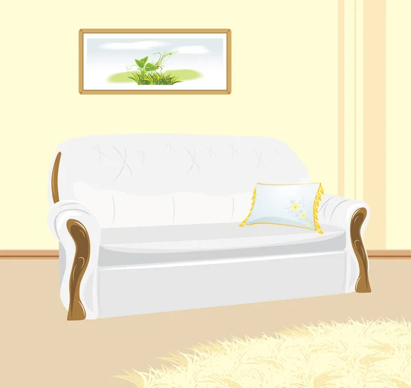 Bílá pohovka s polštářem. fragment z obývacího pokoje — Stockový vektor
