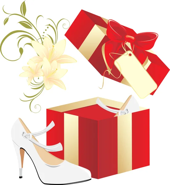 Elegant white shoes in a gift — Stock Vector