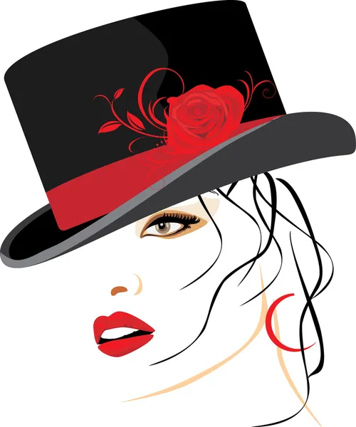 Kırmızı gül ile şık şapka içinde güzel bir kadın portresi — Stok Vektör