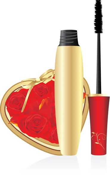 Mascara and heart with roses — Stock Vector