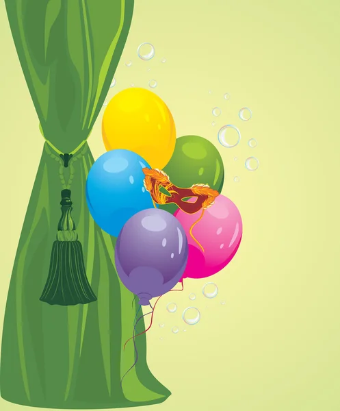 绿色的窗帘和化装舞会面具和气球 — 图库矢量图片