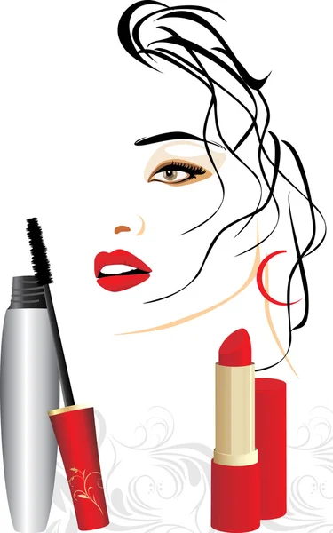 睫毛膏，红色的口红和女性肖像 — 图库矢量图片