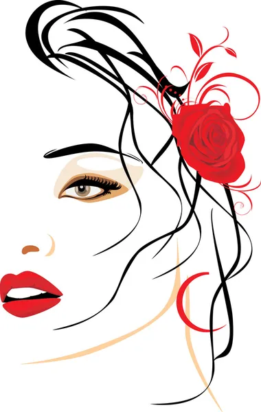 Portrait of beautiful woman with red rose in hair — Stock Vector