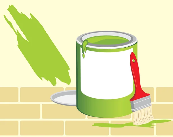 Pot avec une peinture et un pinceau sur le fond du mur de briques — Image vectorielle