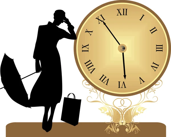 Ancient clock and silhouette of woman with umbrella — Stock Vector