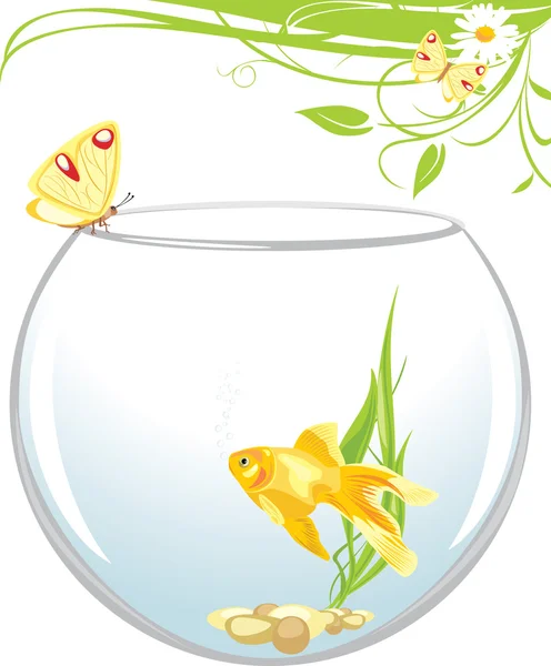 Золотая рыбка и бабочка сидят на аквариуме. Весенний состав — стоковый вектор