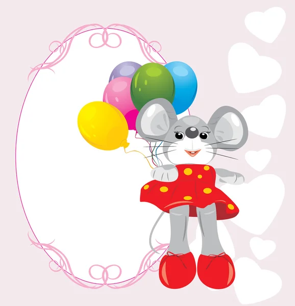 Ratón de juguete con globos de colores. Tarjeta de felicitación — Vector de stock