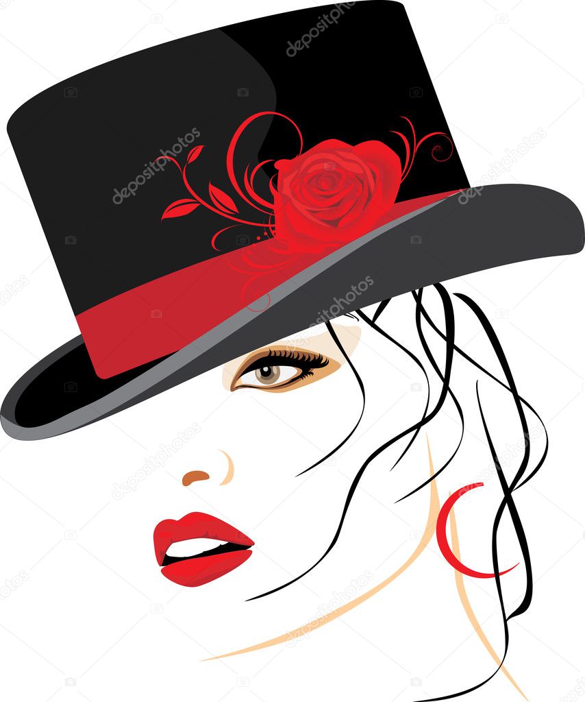Portrait of beautiful woman in a elegant hat with red rose