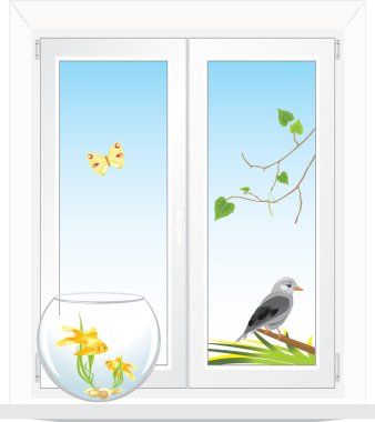 Window with a kind in a garden clipart