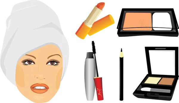 Female face and set of decorative cosmetic — Stock Vector