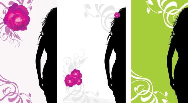 花卉背景上的女性剪影 — 图库矢量图片