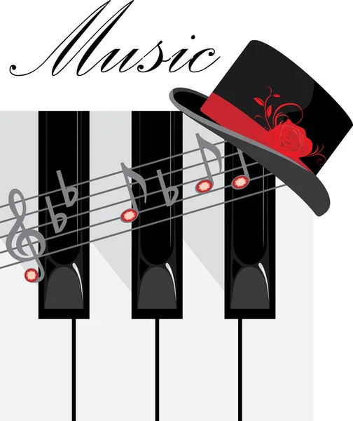 Zongora billentyűk és a női kalap. Összetétel kialakítása — Stock Vector