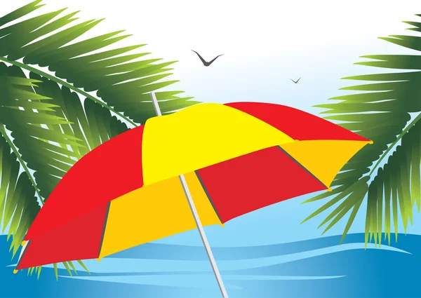 Guarda-chuva de praia entre os ramos de palma — Vetor de Stock
